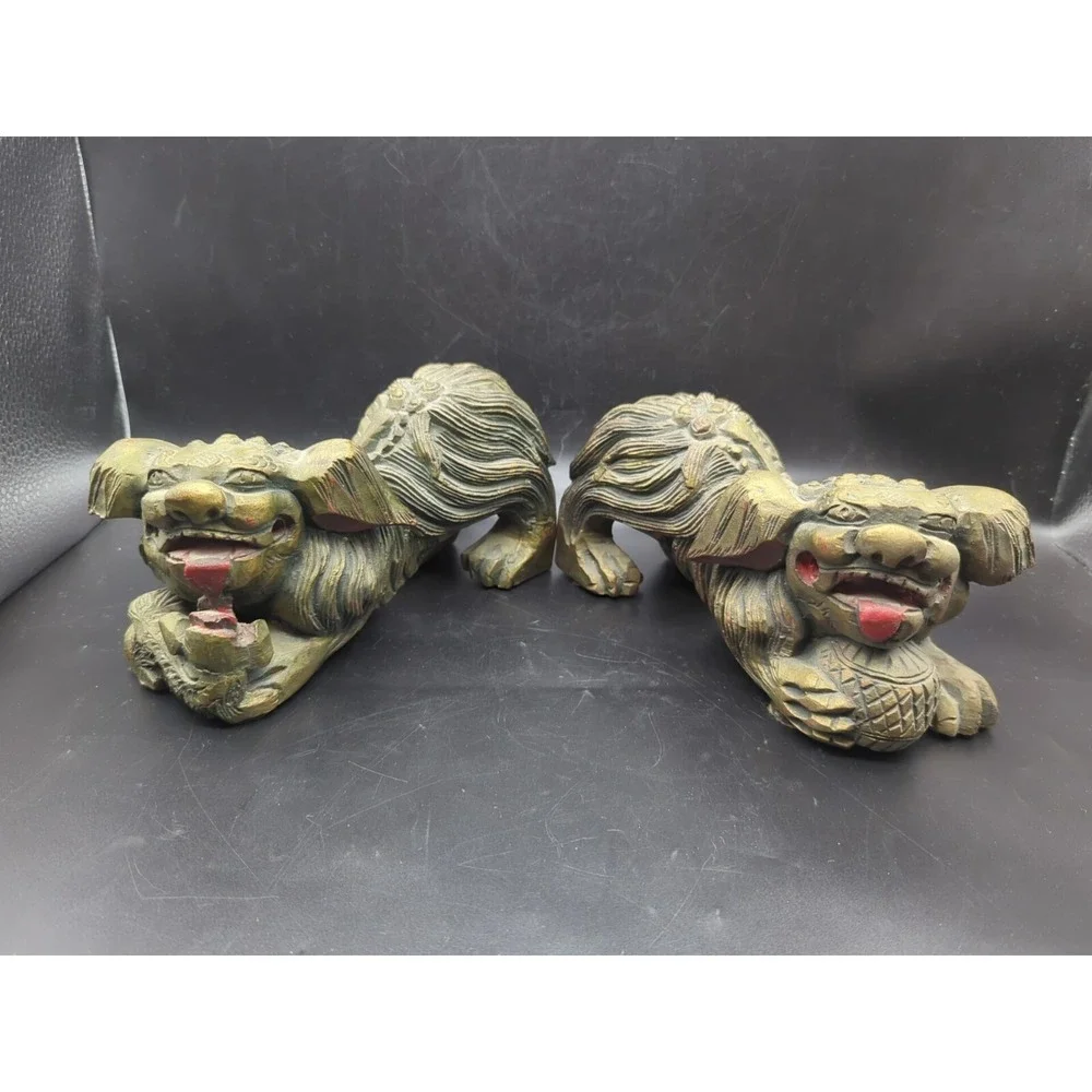 Pair of Vintage Chinese Gold Gilt Wood Carved Foo Dogs